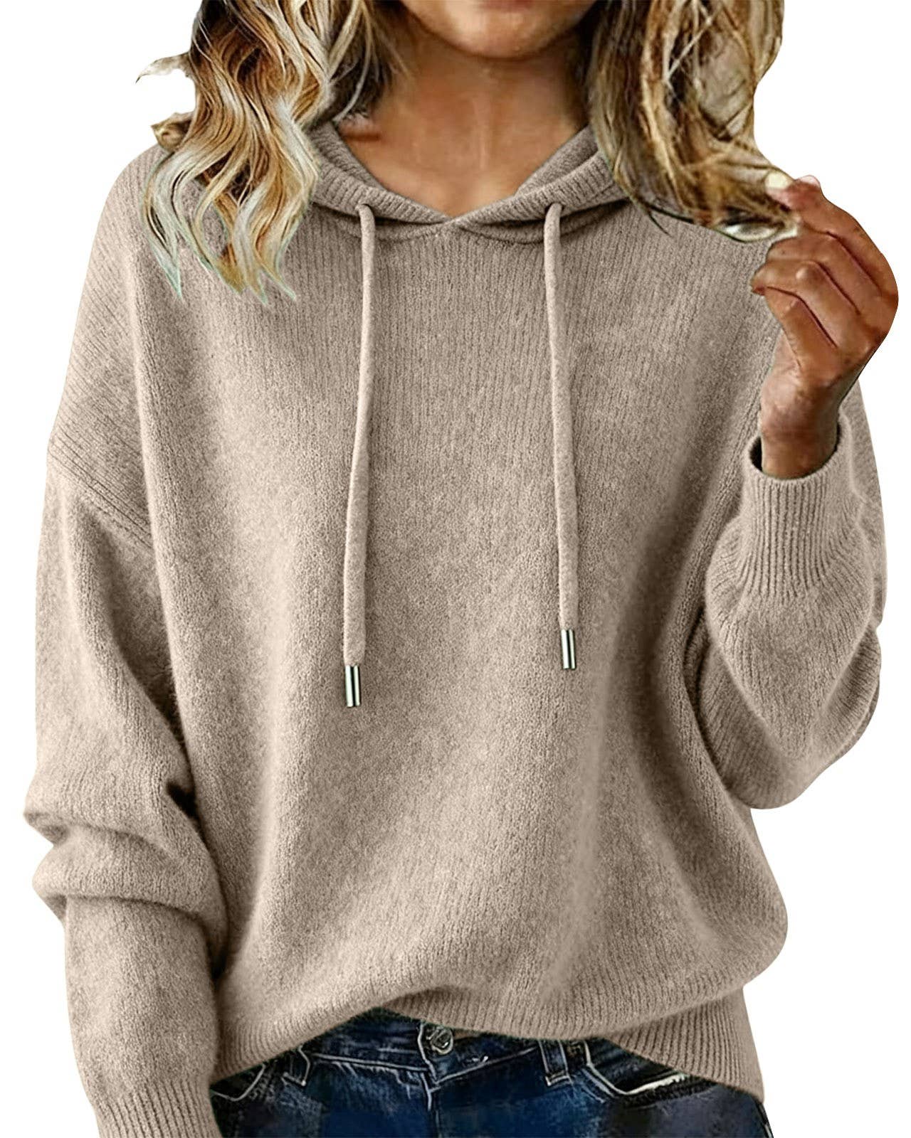 Cozy Solid Drawstring Hooded Knit Sweater