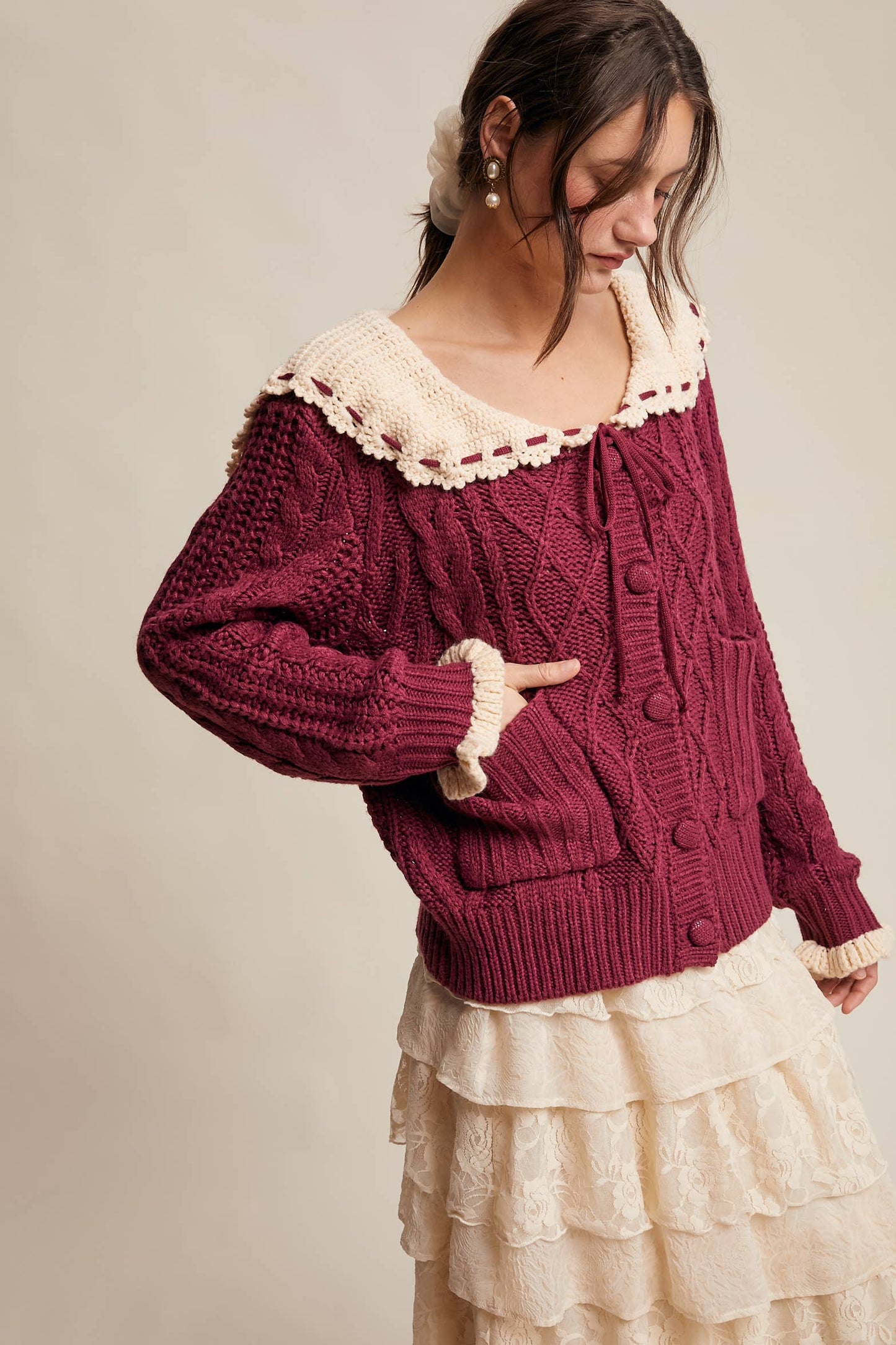 Two-Tone Crochet Collar Cable Knit Cardigan