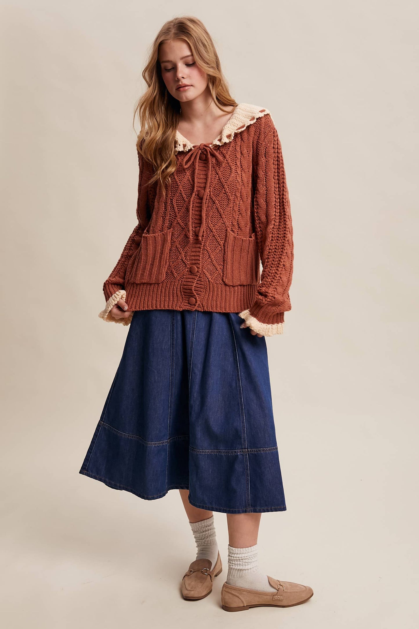 Two-Tone Crochet Collar Cable Knit Cardigan
