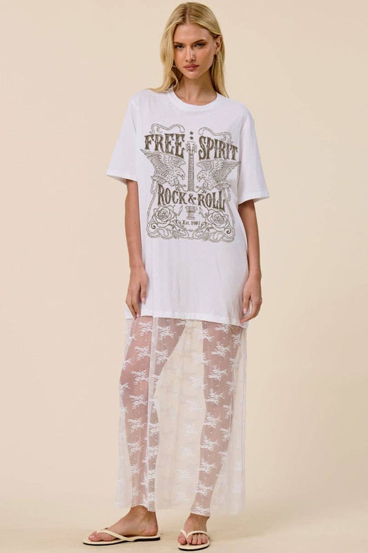 Free Spirit Rock & Roll Graphic Floral Lace Tshirt Dress