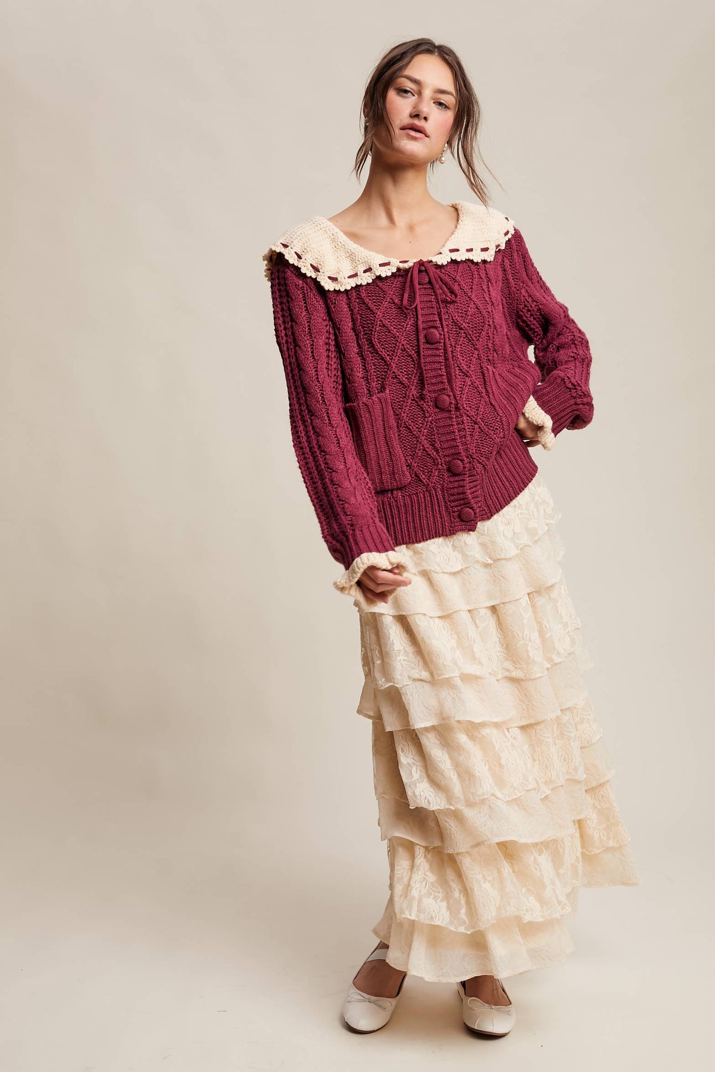 Two-Tone Crochet Collar Cable Knit Cardigan