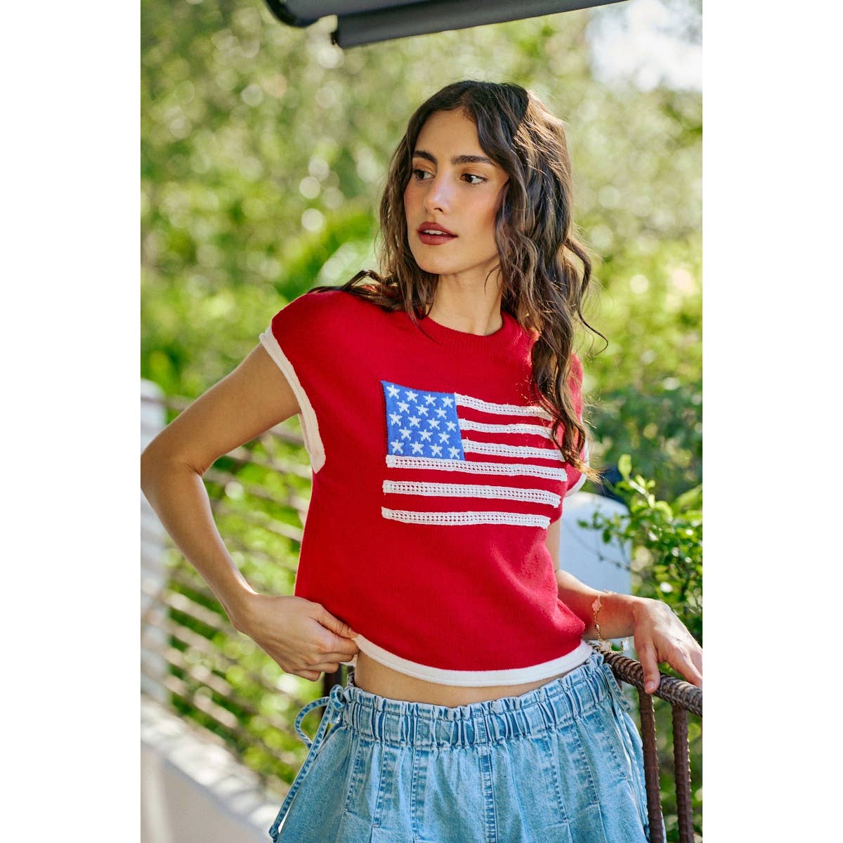 4TH OF JULY MOCK NECK KNITTED DOLMAN TOP WITH CONTRAST BAND
