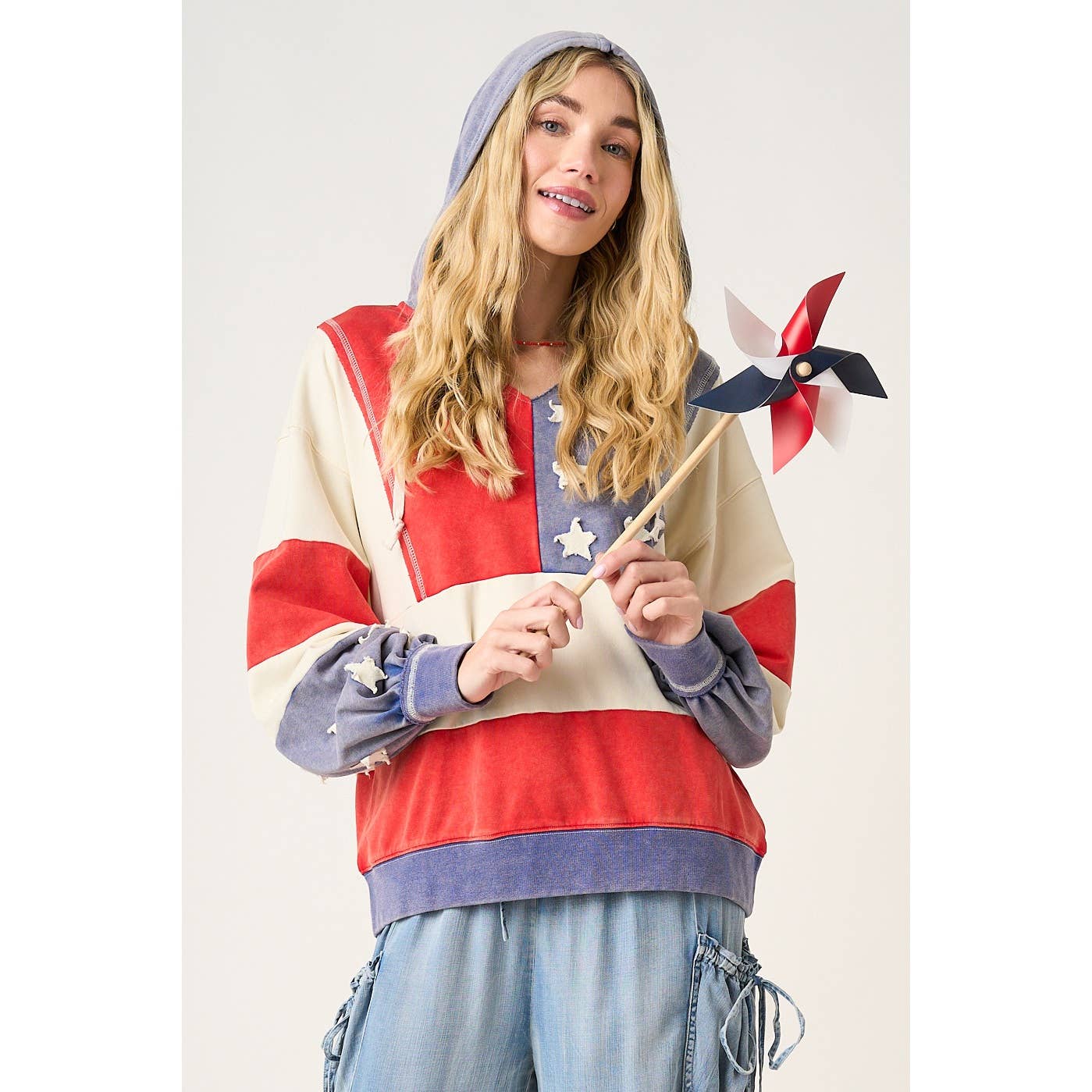 AMERICAN FLAG PATCHWORK COLOR BLOCK HOODIE TOP