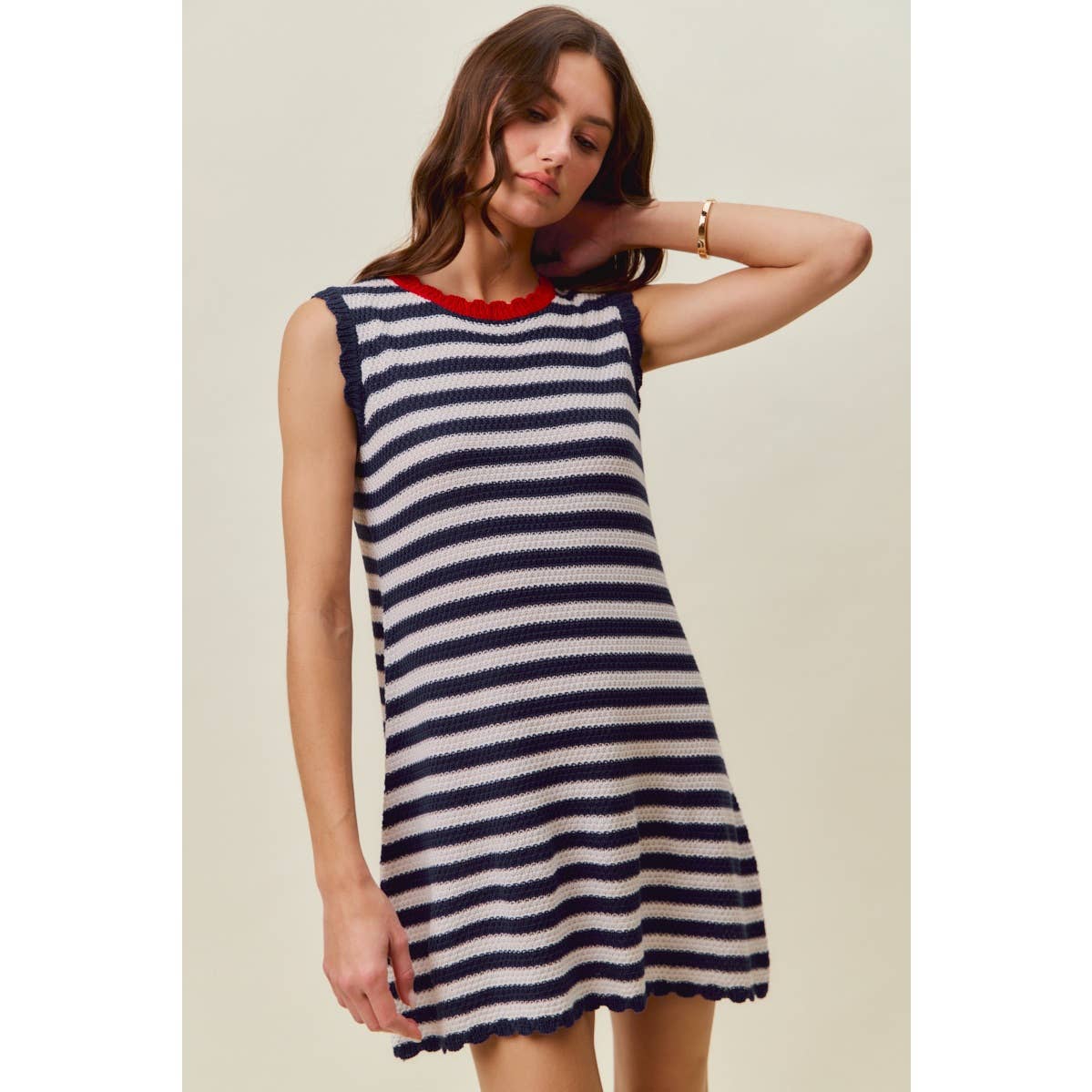 SCALLOP EDGE STRIPE SWEATER KNIT MINI DRESS