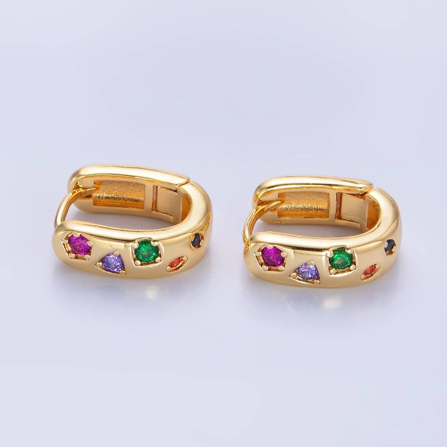 24K Gold Filled Multi-color CZ U-Shaped Huggie | AB-002