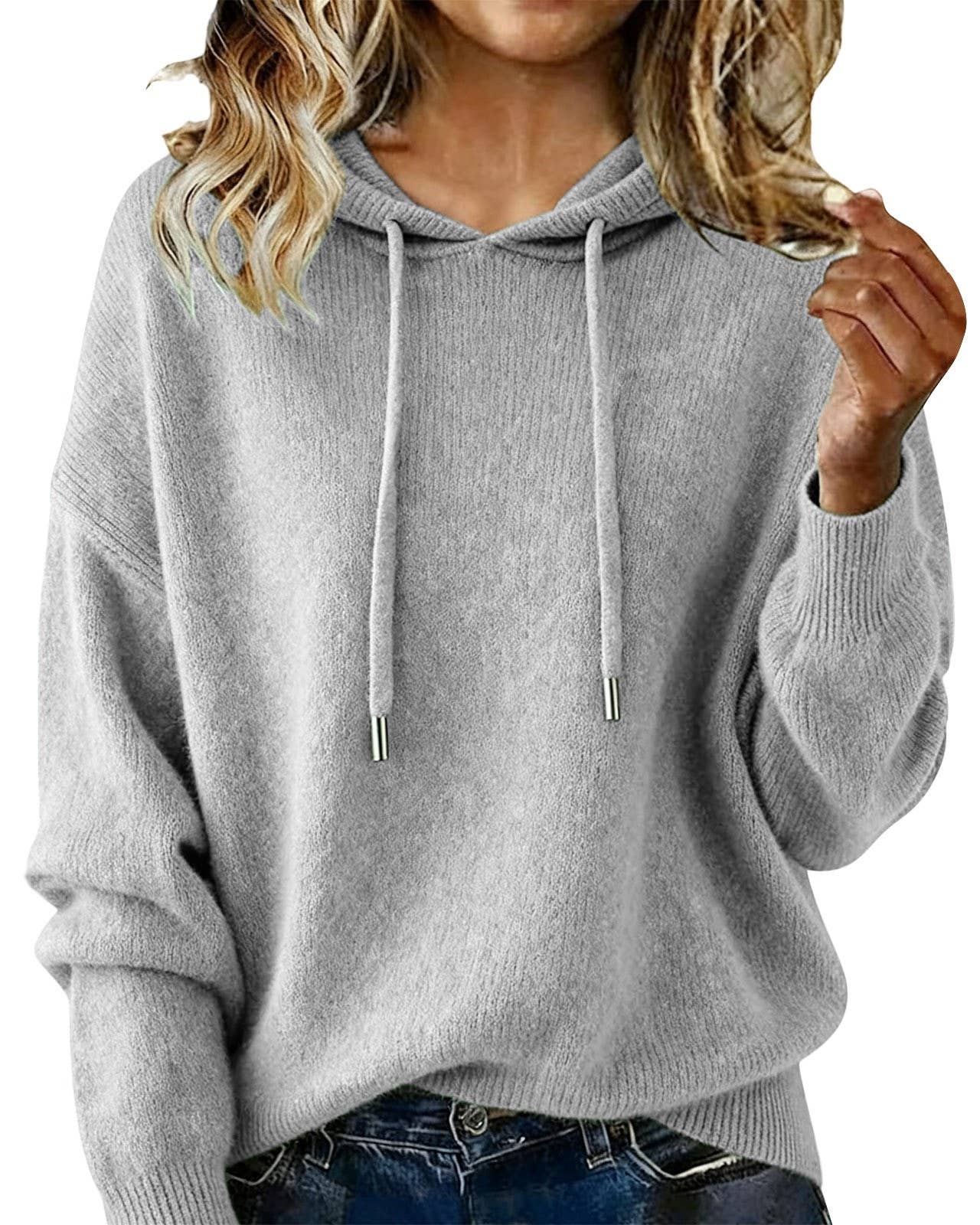 Cozy Solid Drawstring Hooded Knit Sweater