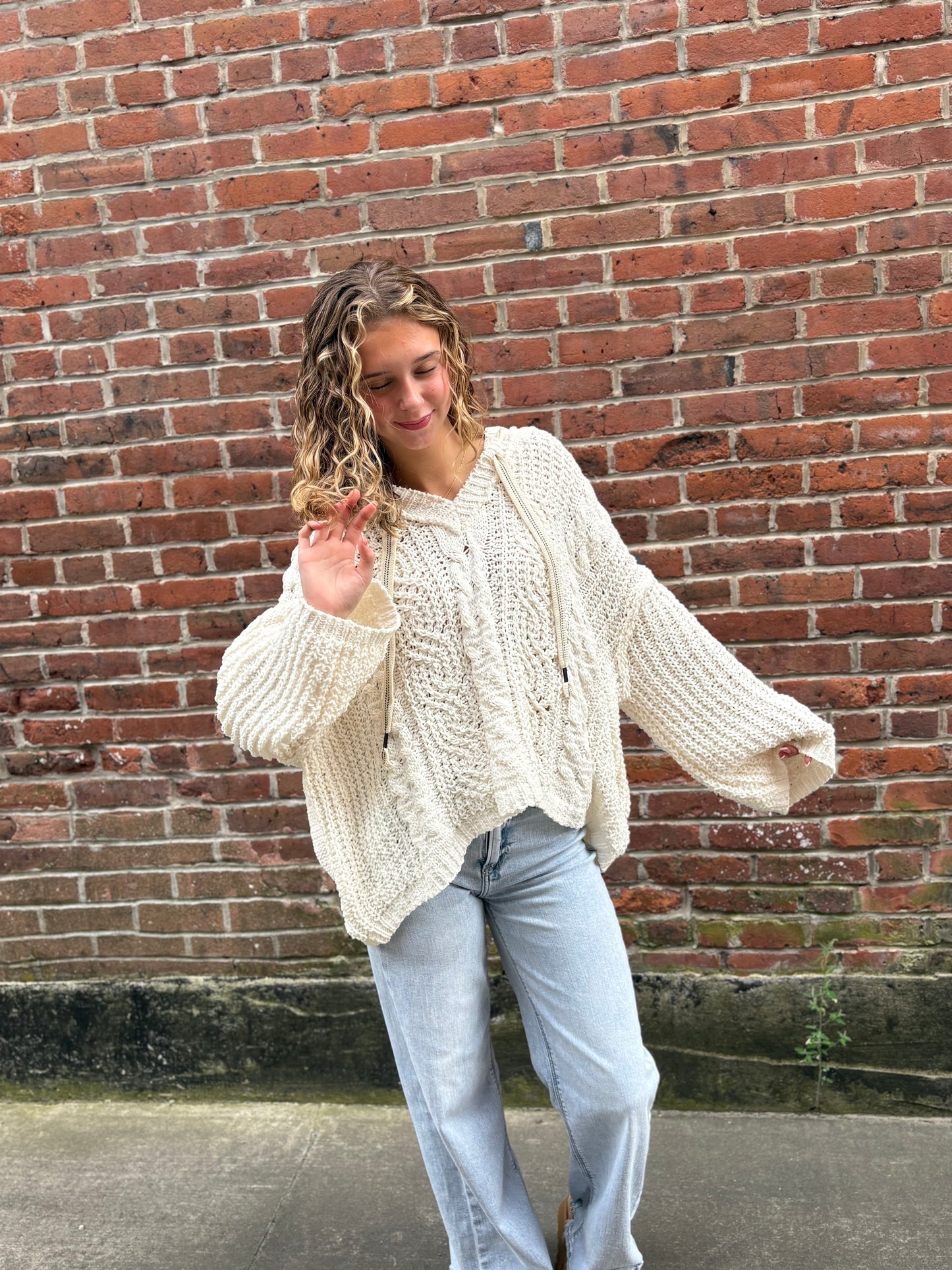 Oversized hooded cable knit chenille sweater