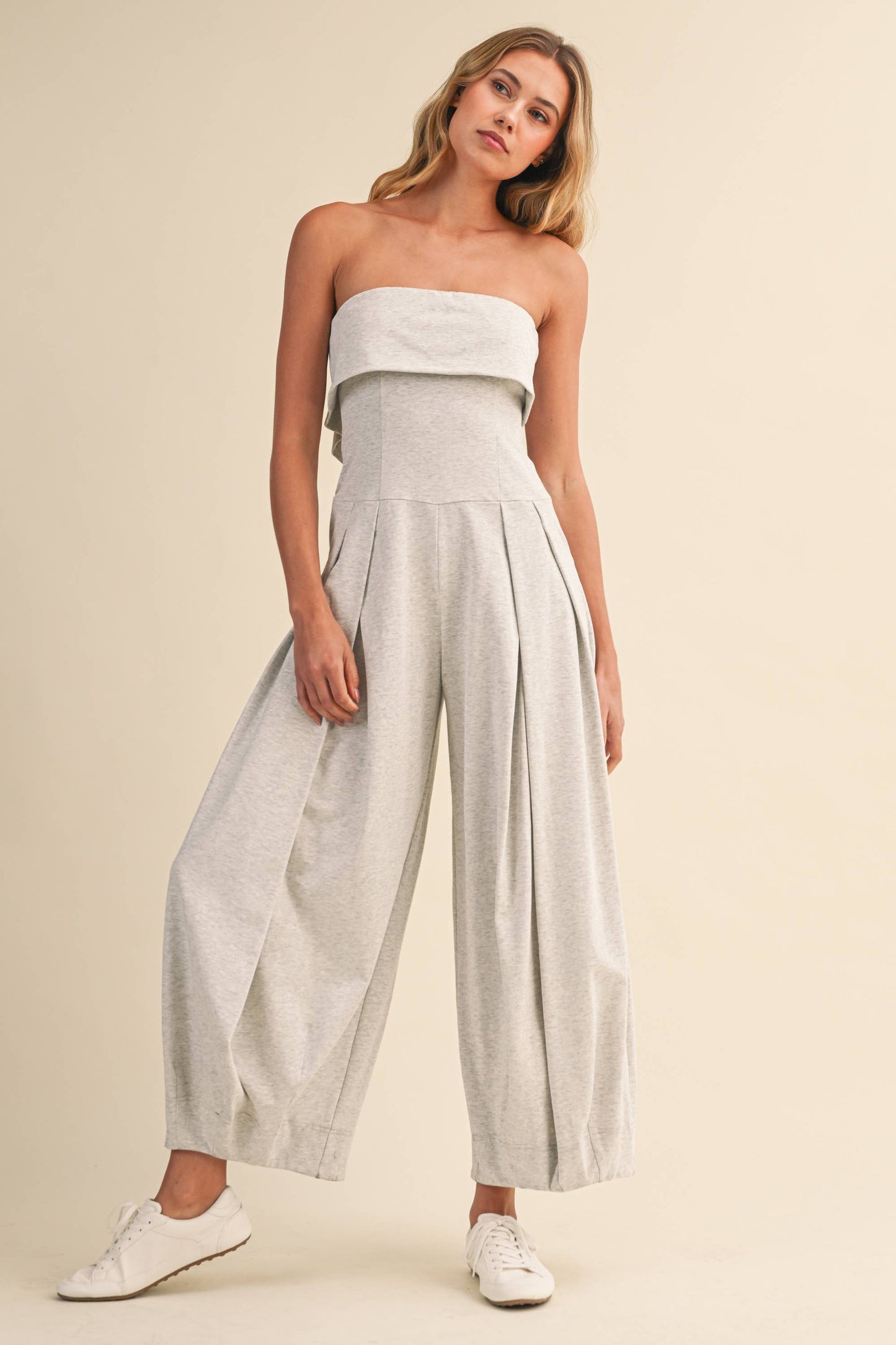FOLDOVER STRAPLESS SMOCKED BACK PLEATED BARREL JUMPSUIT