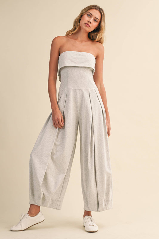 FOLDOVER STRAPLESS SMOCKED BACK PLEATED BARREL JUMPSUIT