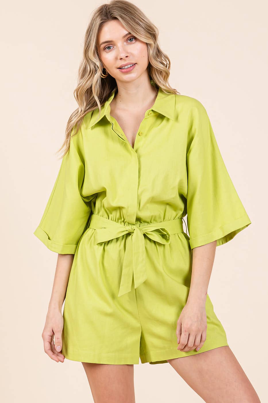 LINEN TIE BELT BUTTON DOWN COLLARED ROMPER