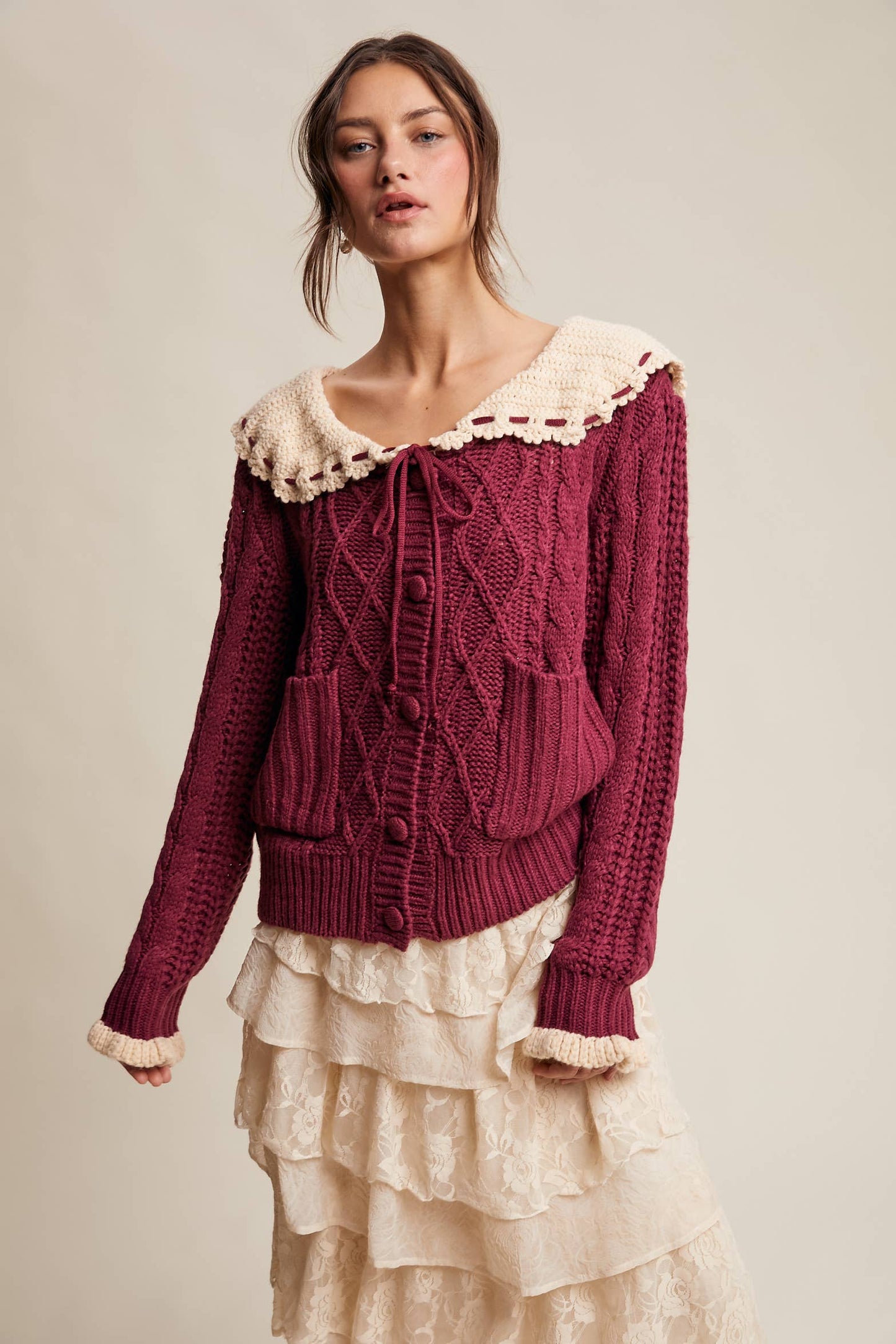 Two-Tone Crochet Collar Cable Knit Cardigan