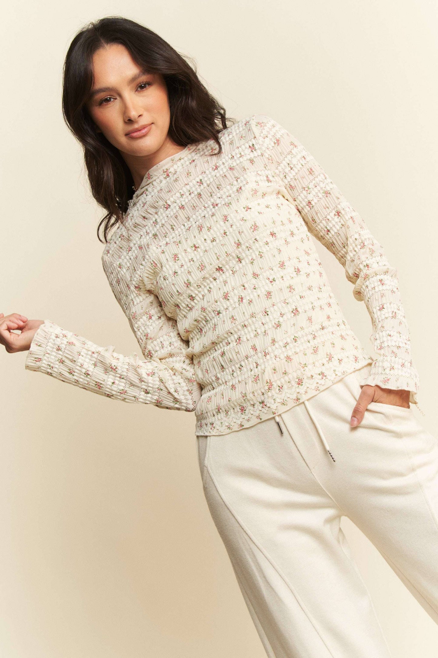 FLORAL PRINT MOCK NECK LONG SLEEVES KNIT TOP