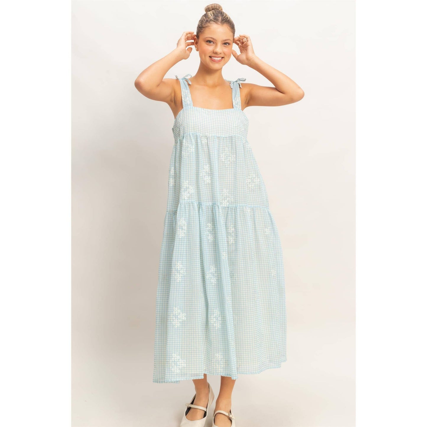 Tiered Gingham Dress With Embroidery