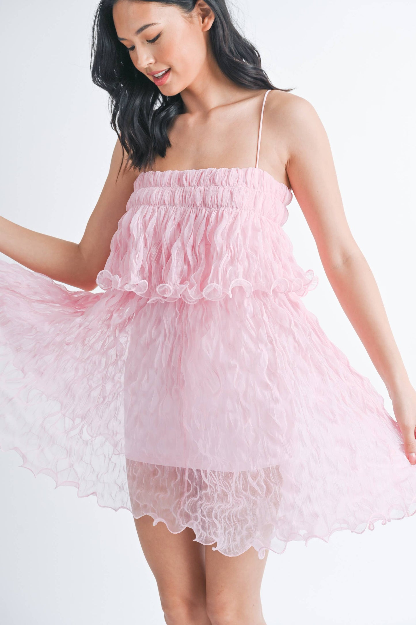 PLEATED TULLE RUFFLED TIERED MINI DRESS
