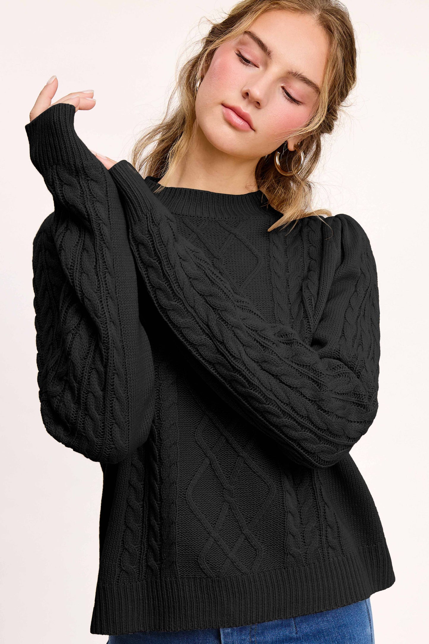Super Soft Ribbed Crew Neck Cable Knit Sweater