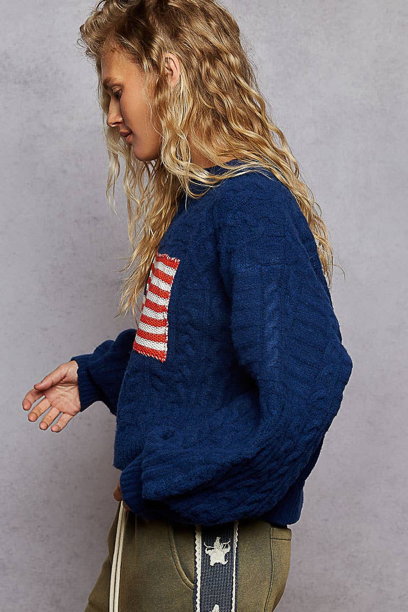Long sleeve USA flag contrast stitch detail sweater knit top