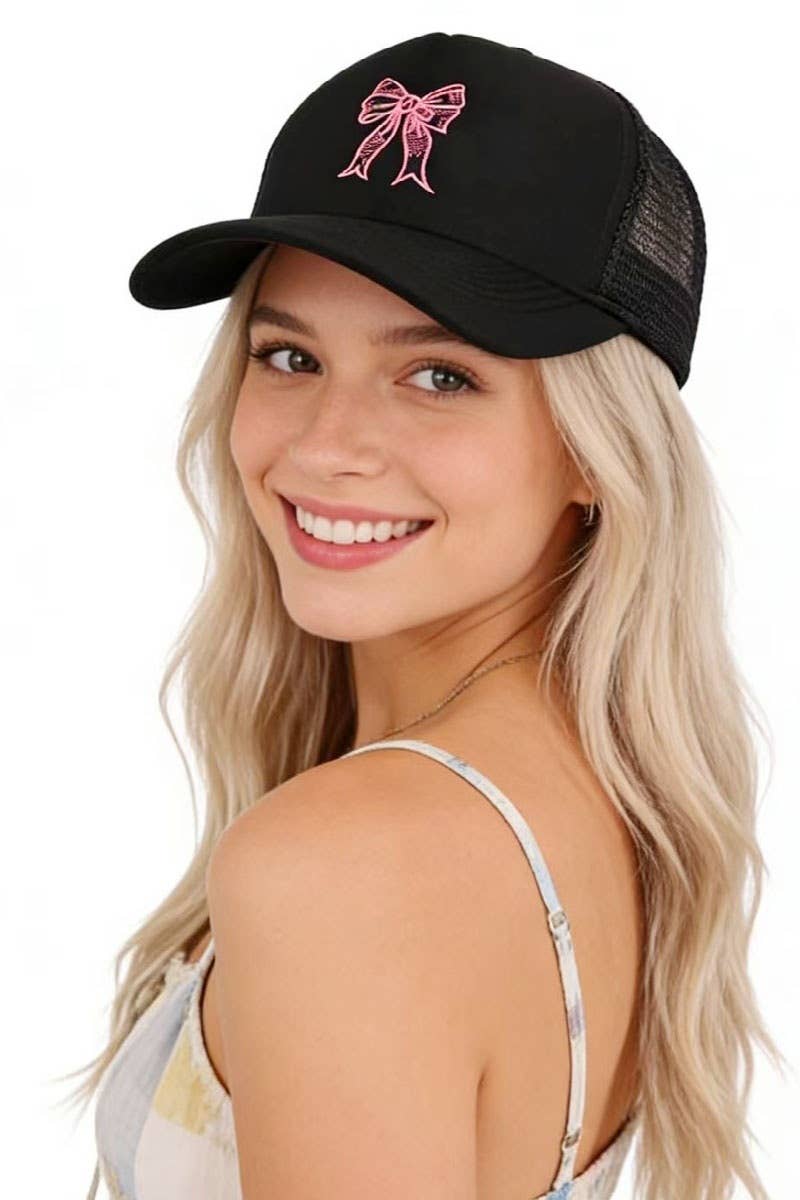`.Ribbon Bow Embroidery Trucker Hat