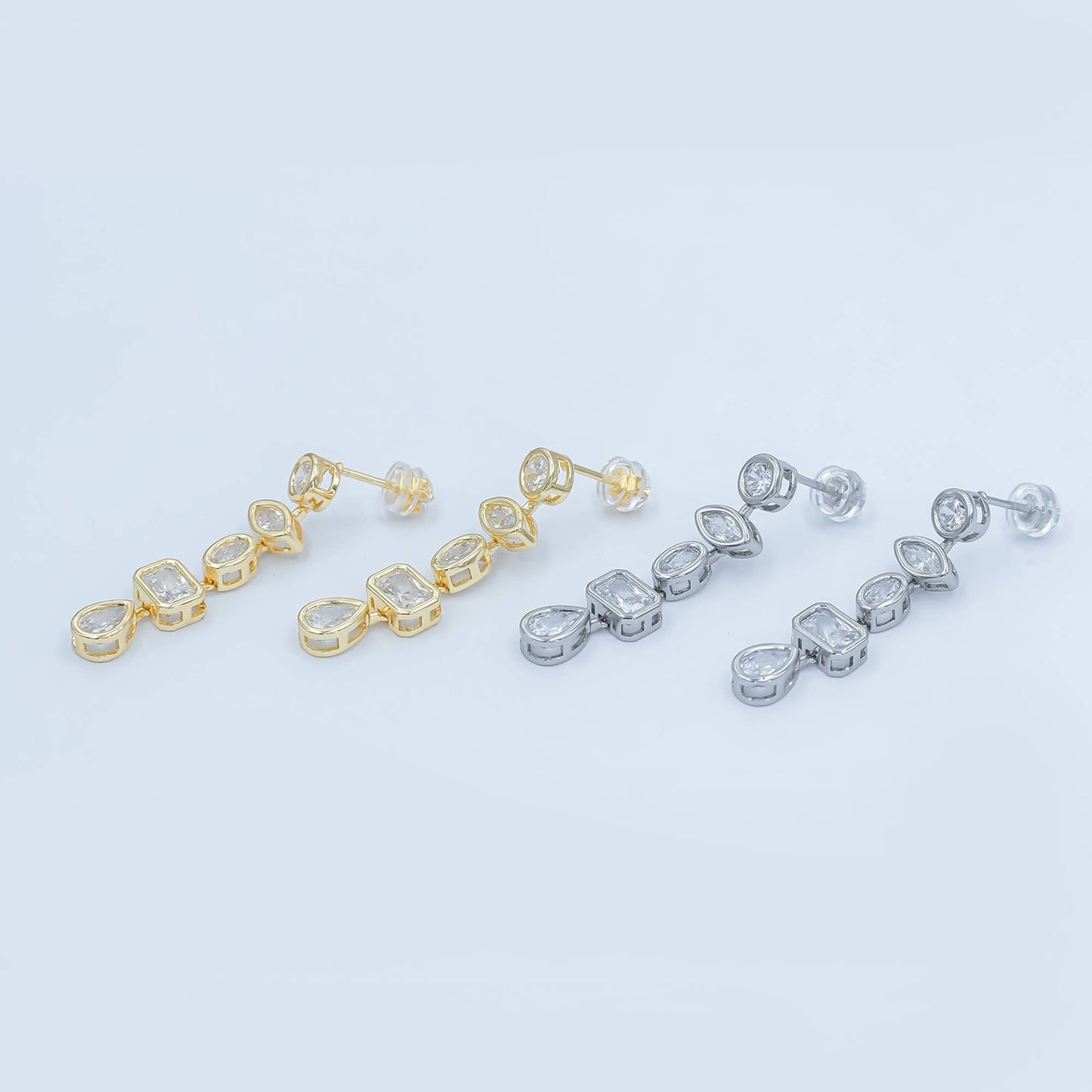 24K Gold Filled Geometric CZ Bezel Drop Stud Earrings in Gold & Silver | AB678 AB679