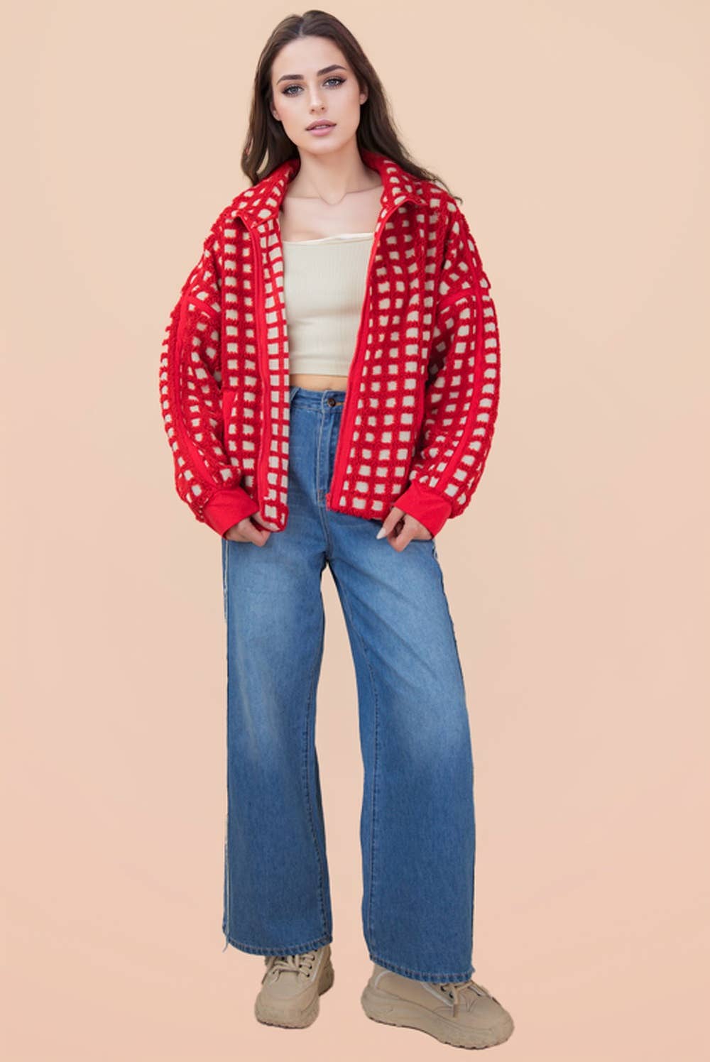 Oversized Checker Fleece Jacket