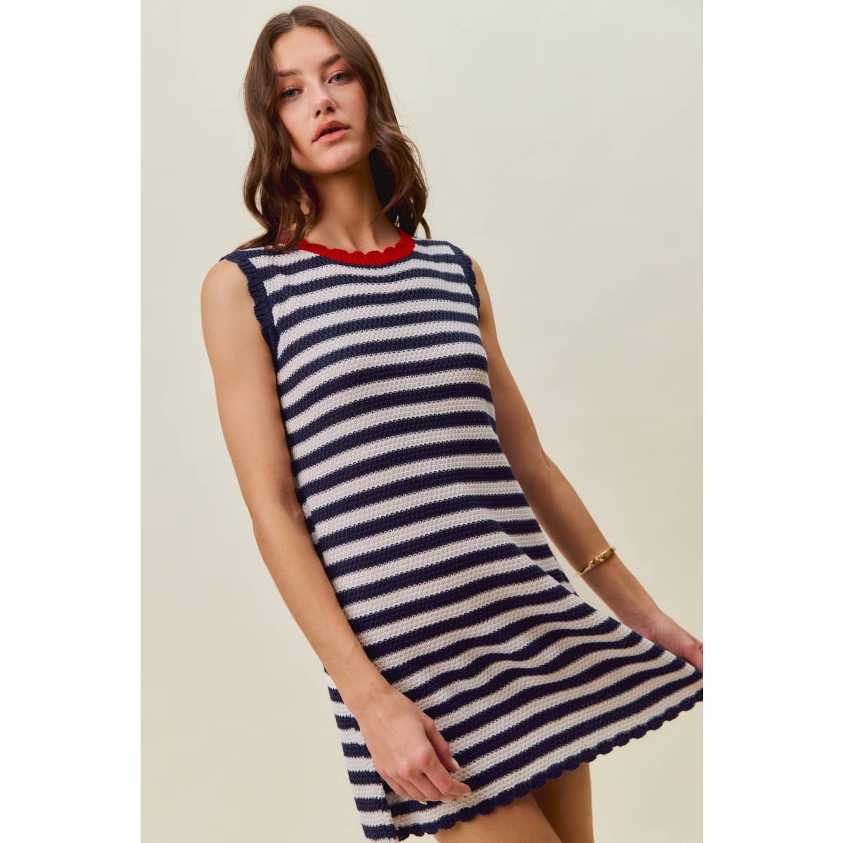 SCALLOP EDGE STRIPE SWEATER KNIT MINI DRESS