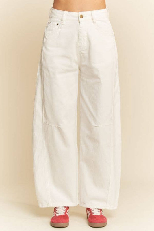 FRONT SEAM RAW HEM WIDE BARREL DENIM PANTS