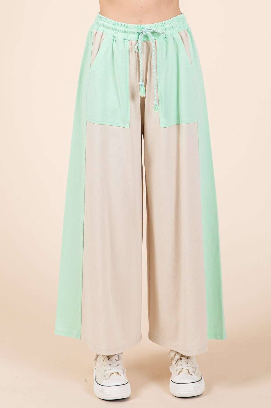 FRENCH TERRY WIDE LEG COLOR BLOCK PANTS
