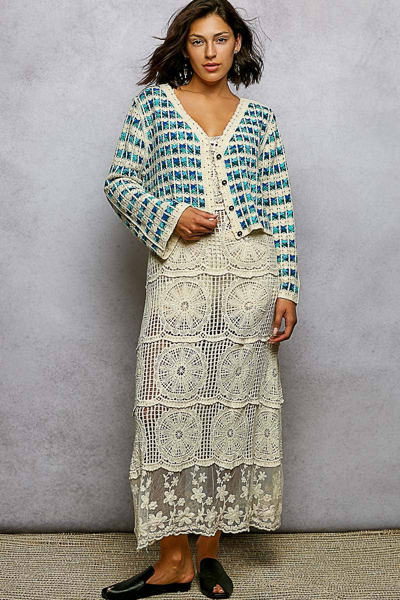 Scalloped Crochet V-Neck Long Sleeve Cardigan Top