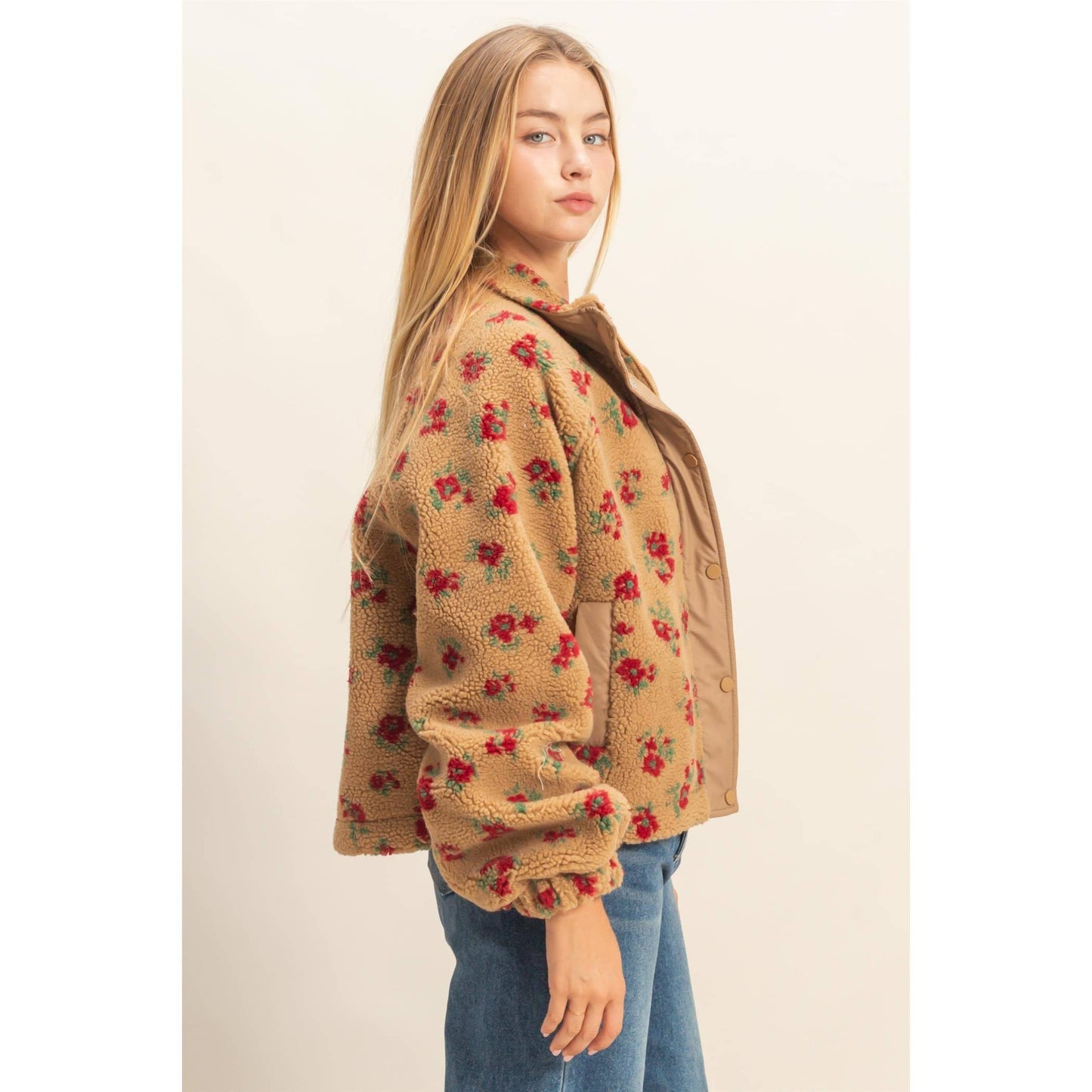 Floral Print Sherpa Zip Up Jacket