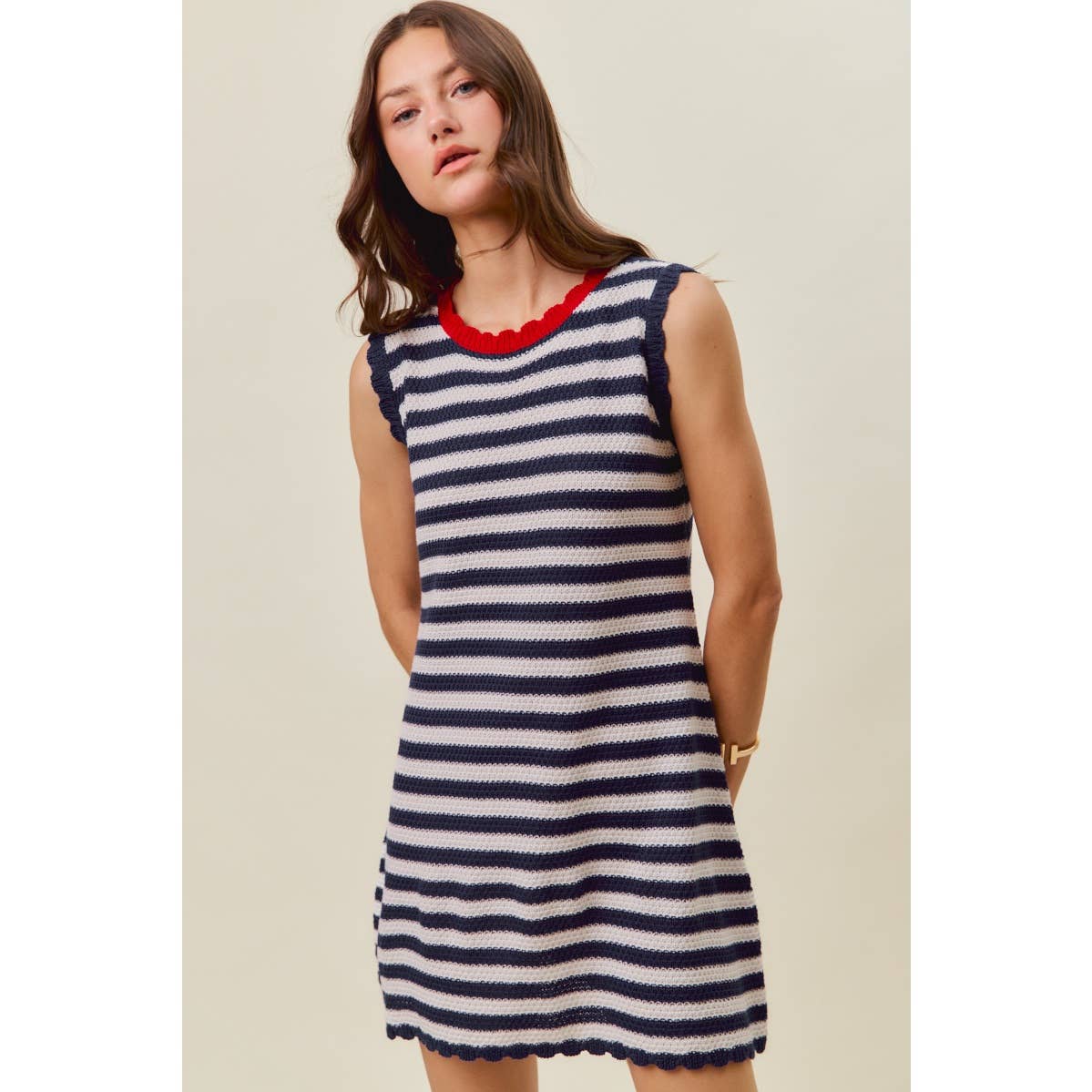 SCALLOP EDGE STRIPE SWEATER KNIT MINI DRESS