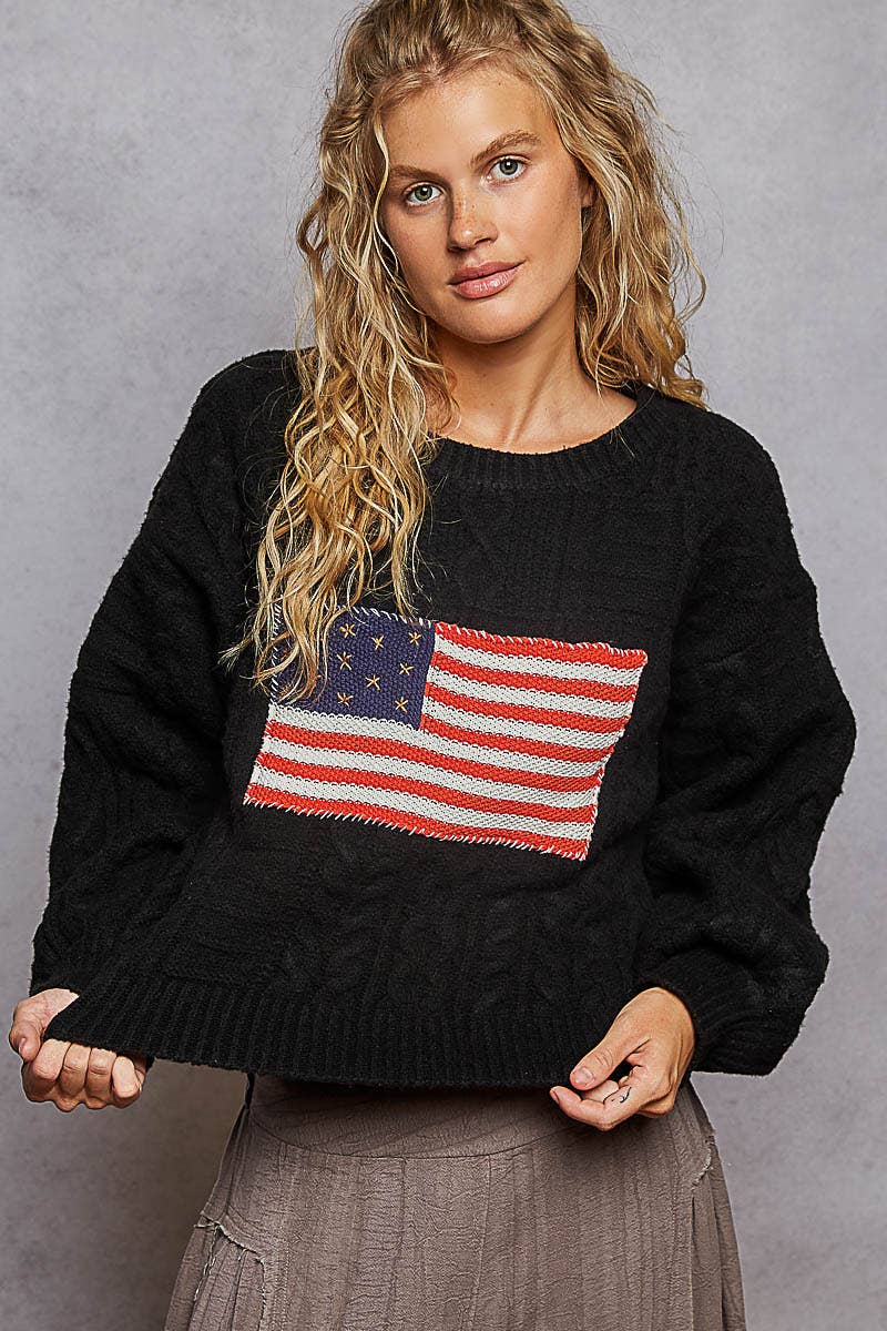 Long sleeve USA flag contrast stitch detail sweater knit top