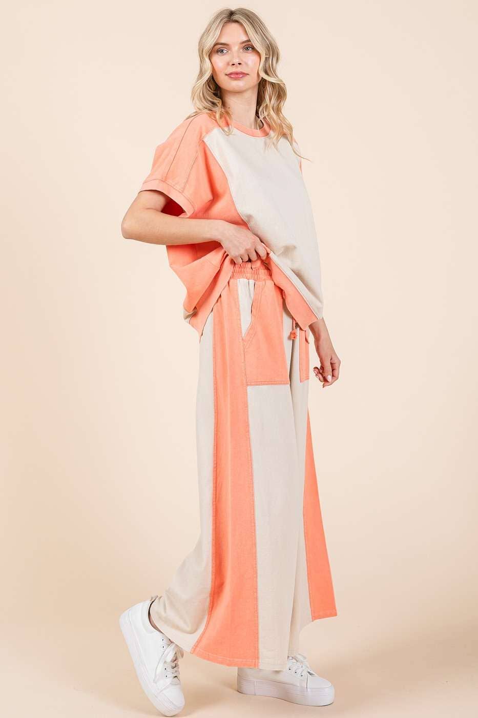 FRENCH TERRY WIDE LEG COLOR BLOCK PANTS