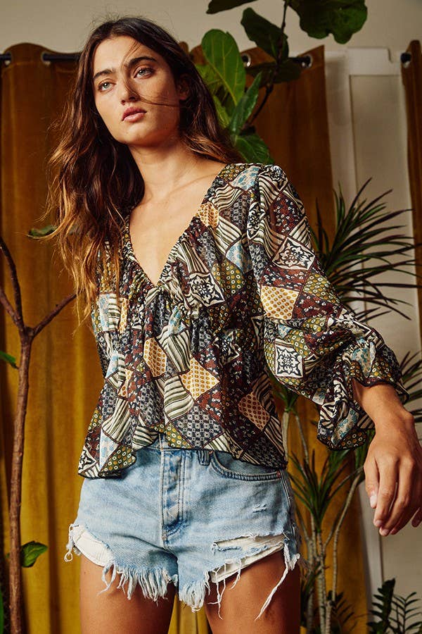 T1831B | [OUTLET SALE] Patchwork Print Sheer Flowy Top