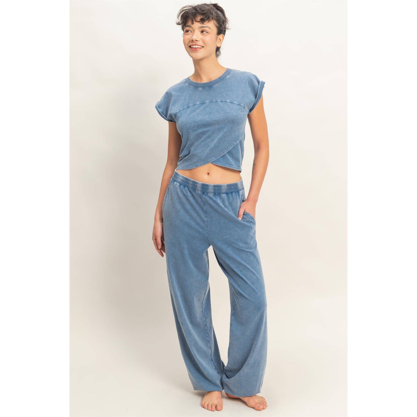 Rolled Sleeve Wrap-Front Crop Top And Jogger Set