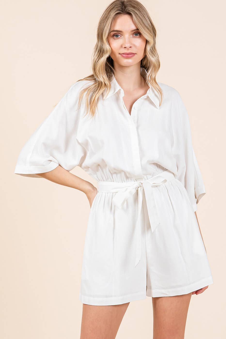 LINEN TIE BELT BUTTON DOWN COLLARED ROMPER