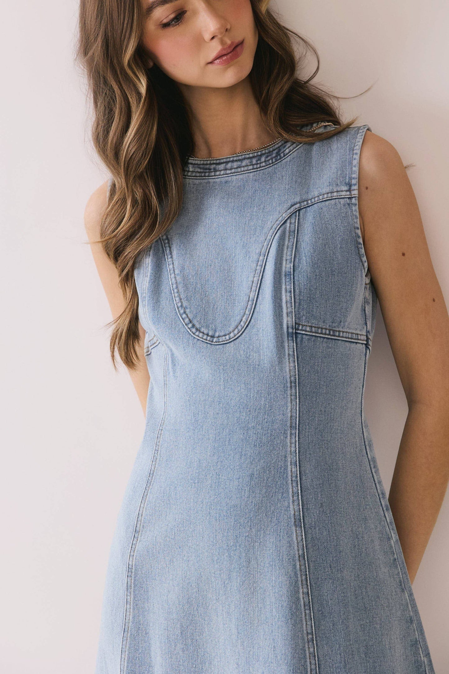 Sleeveless Paneled Front Slit Detail Denim Mid Dress
