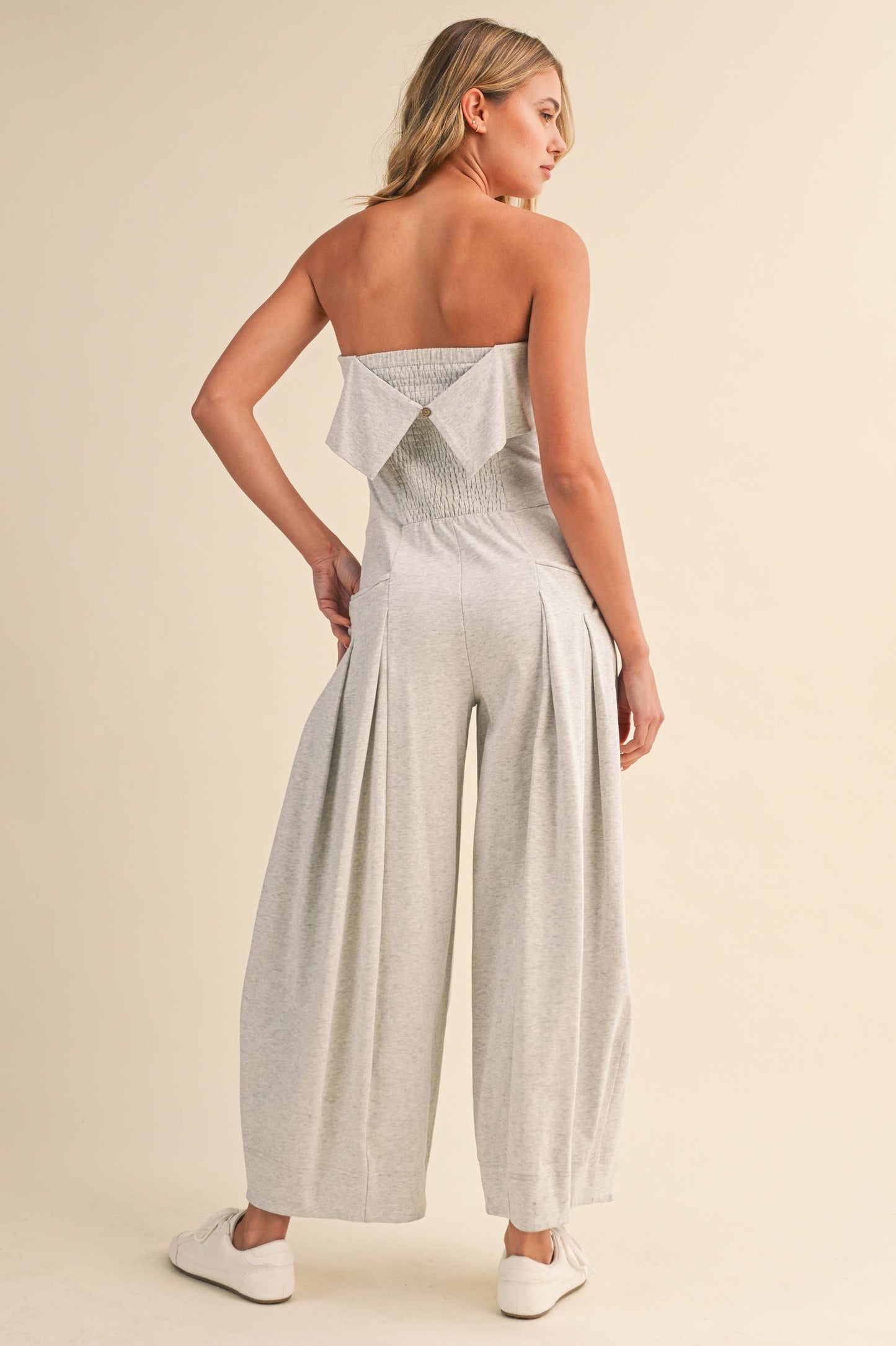 FOLDOVER STRAPLESS SMOCKED BACK PLEATED BARREL JUMPSUIT