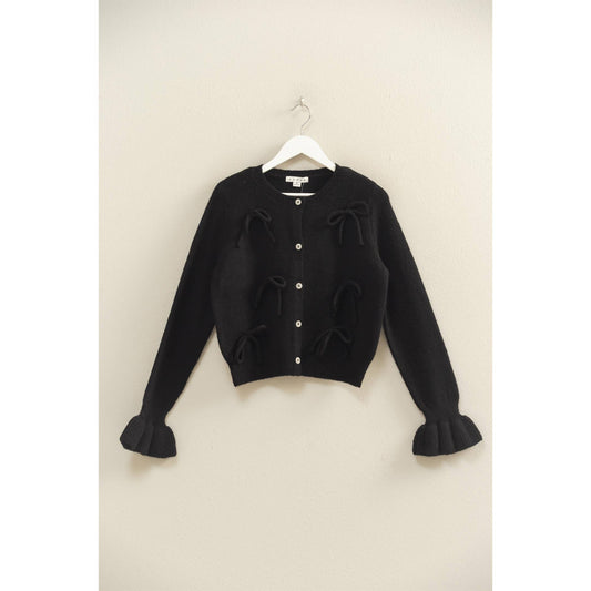 Bow-Adorned Crewneck Sweater Cardigan