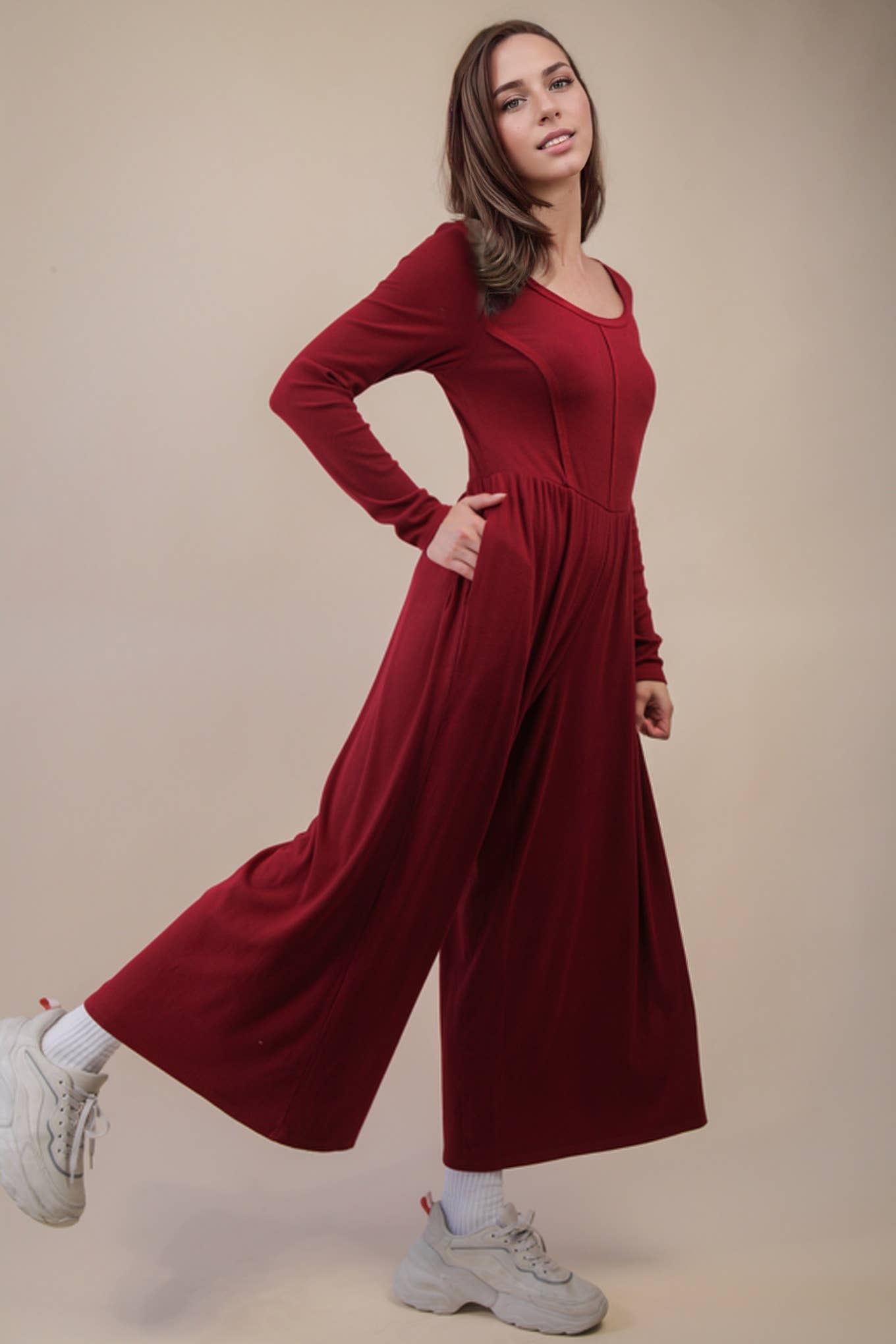 NP70910-Wide Leg Solid Knit Casual Jumpsuit