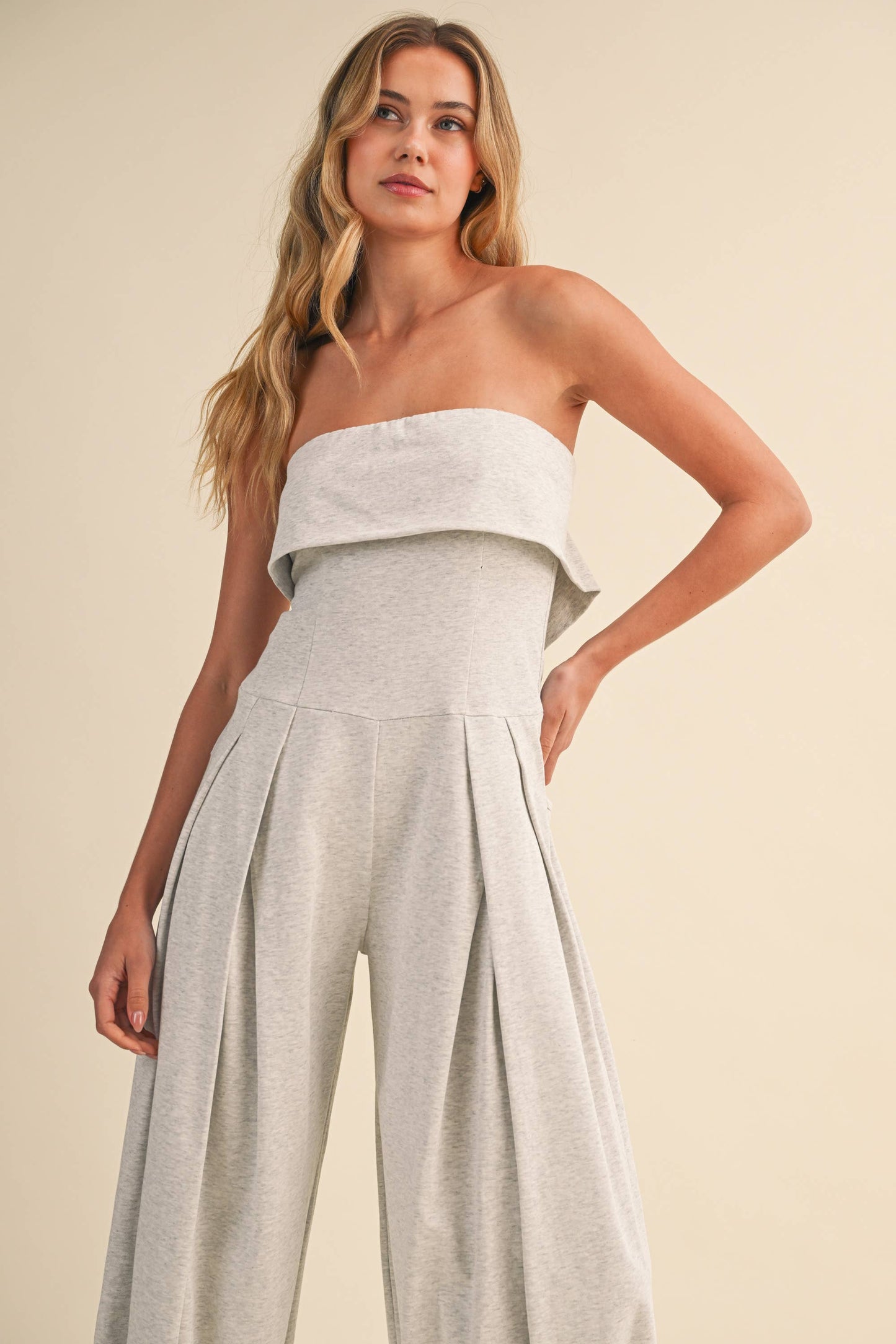 FOLDOVER STRAPLESS SMOCKED BACK PLEATED BARREL JUMPSUIT