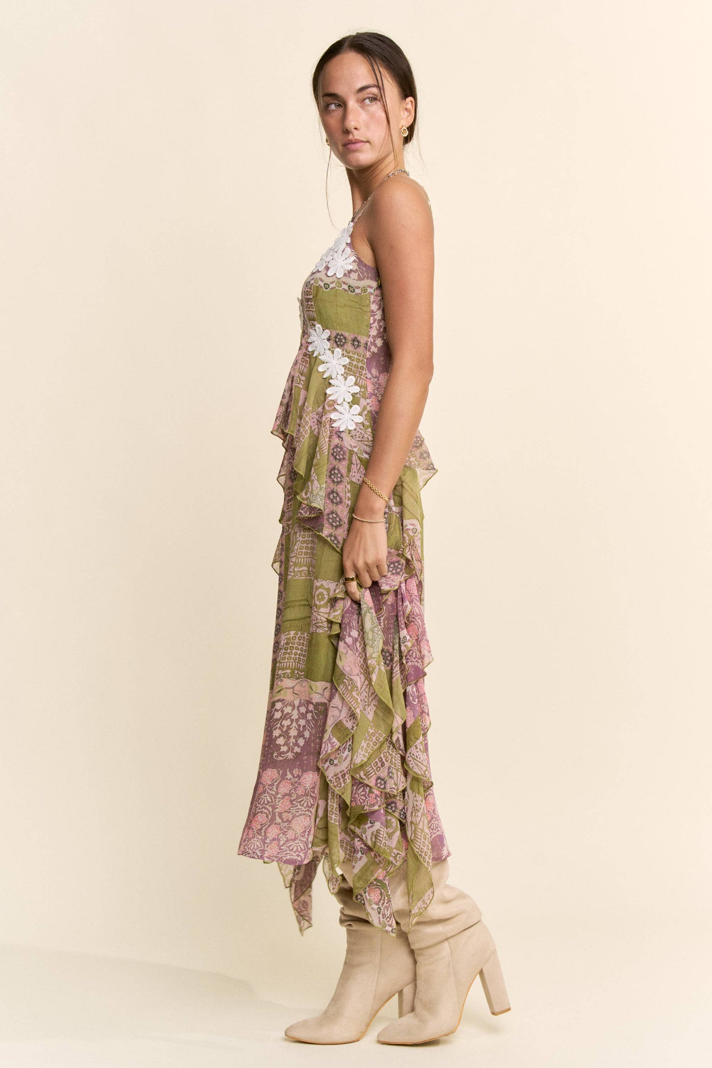 BOHO PRINTED CHIFFON RUFFLE AND LACE DETAIL DRESS