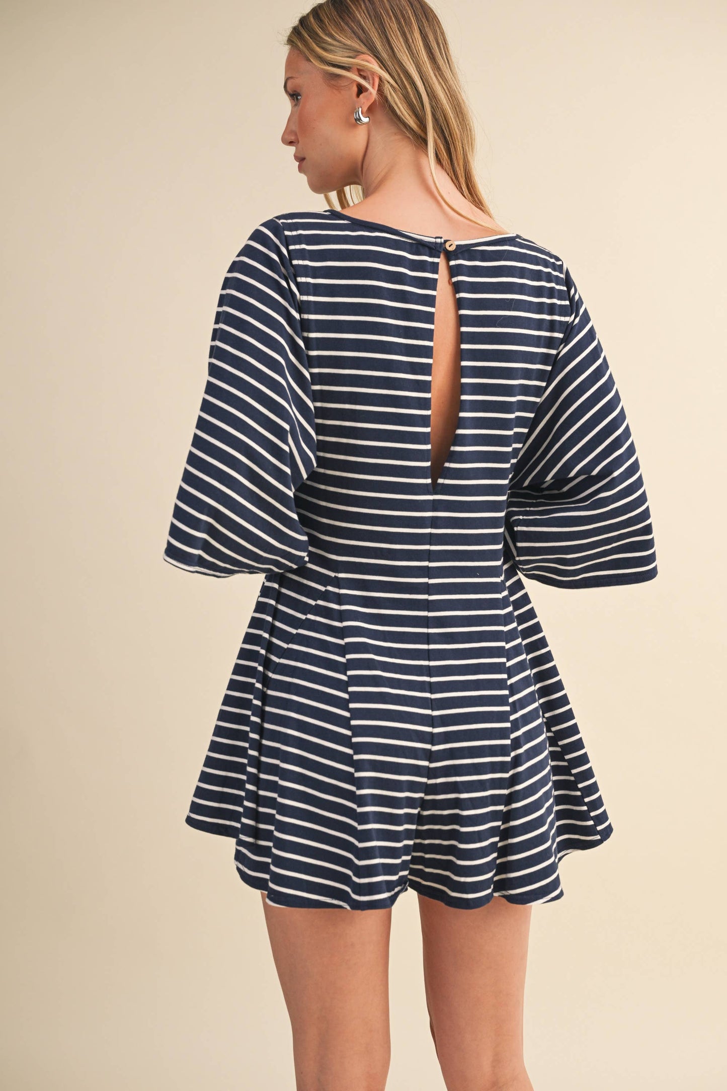 STRIPED FRONT POCKET GODET FLOWY ROMPER
