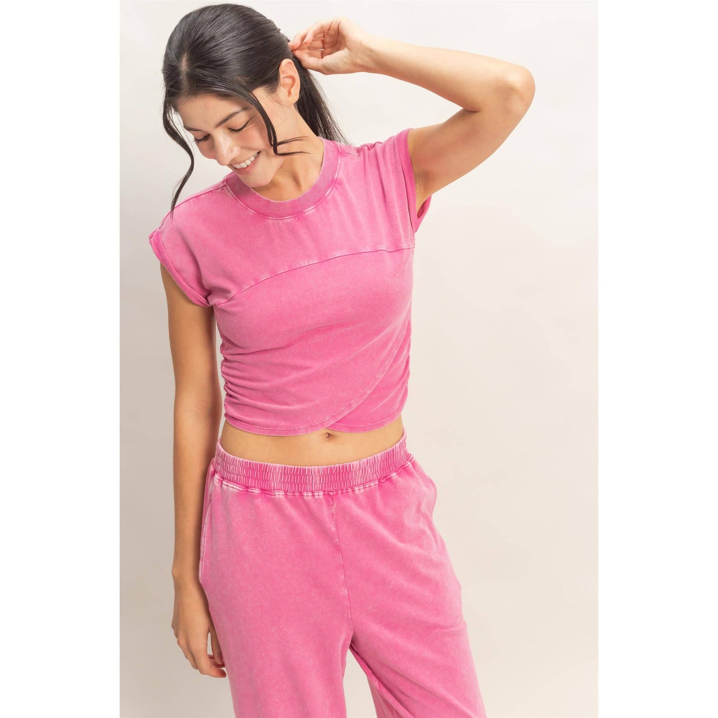 Rolled Sleeve Wrap-Front Crop Top And Jogger Set