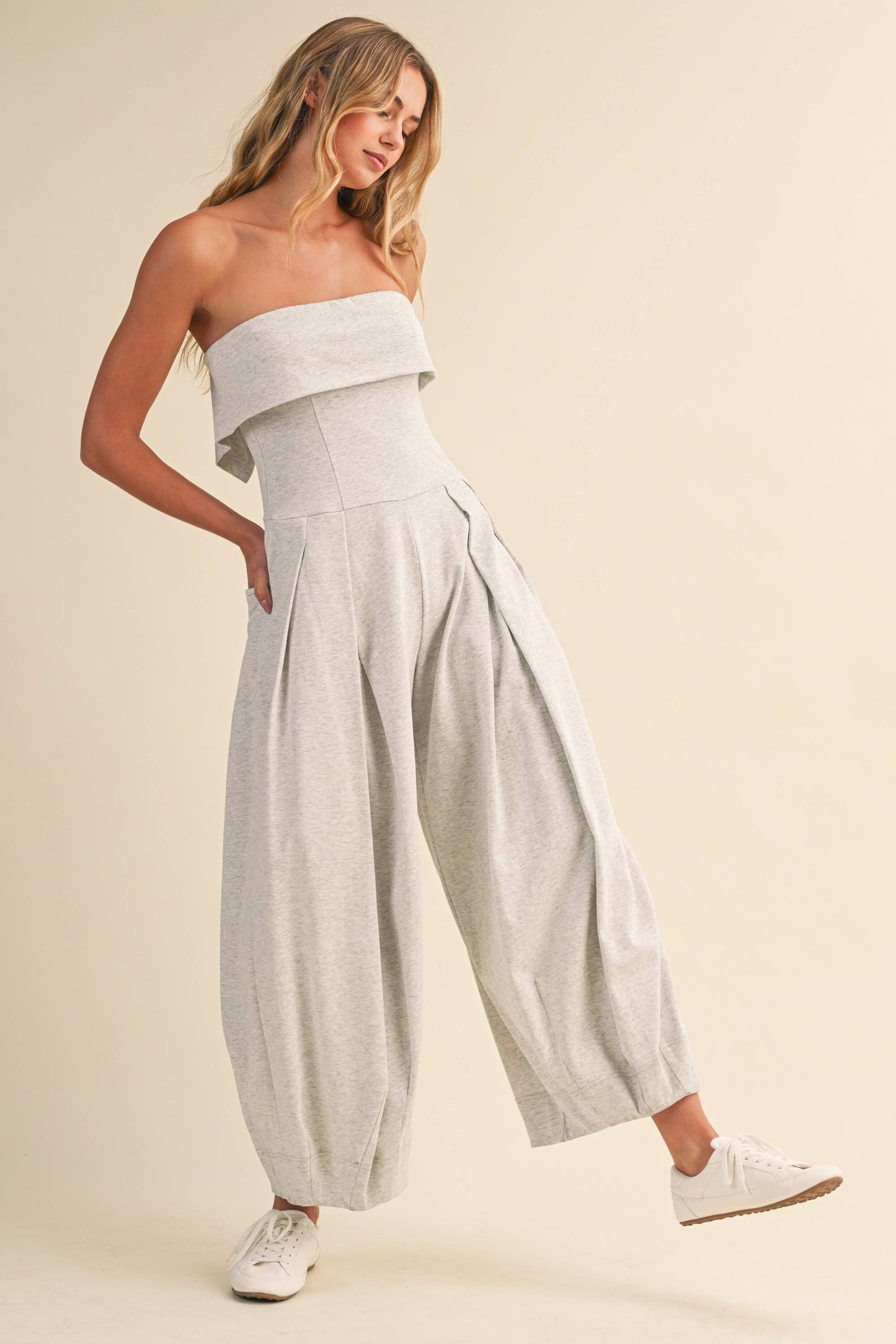 FOLDOVER STRAPLESS SMOCKED BACK PLEATED BARREL JUMPSUIT