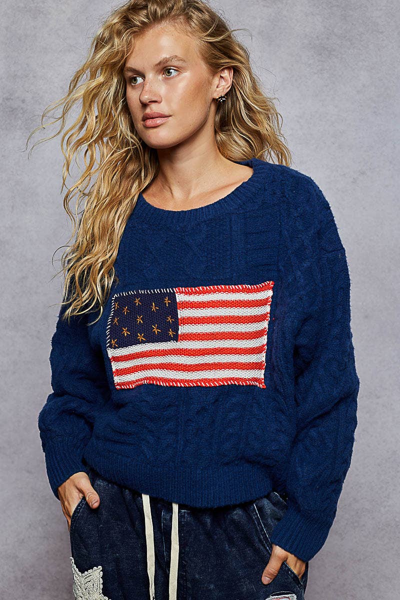 Long sleeve USA flag contrast stitch detail sweater knit top