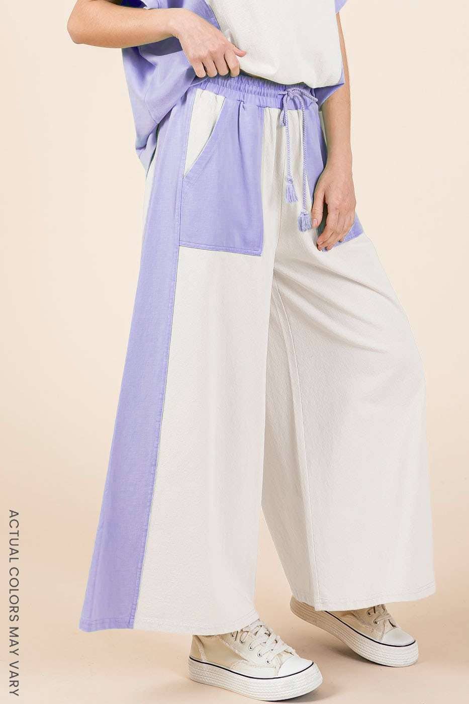FRENCH TERRY WIDE LEG COLOR BLOCK PANTS