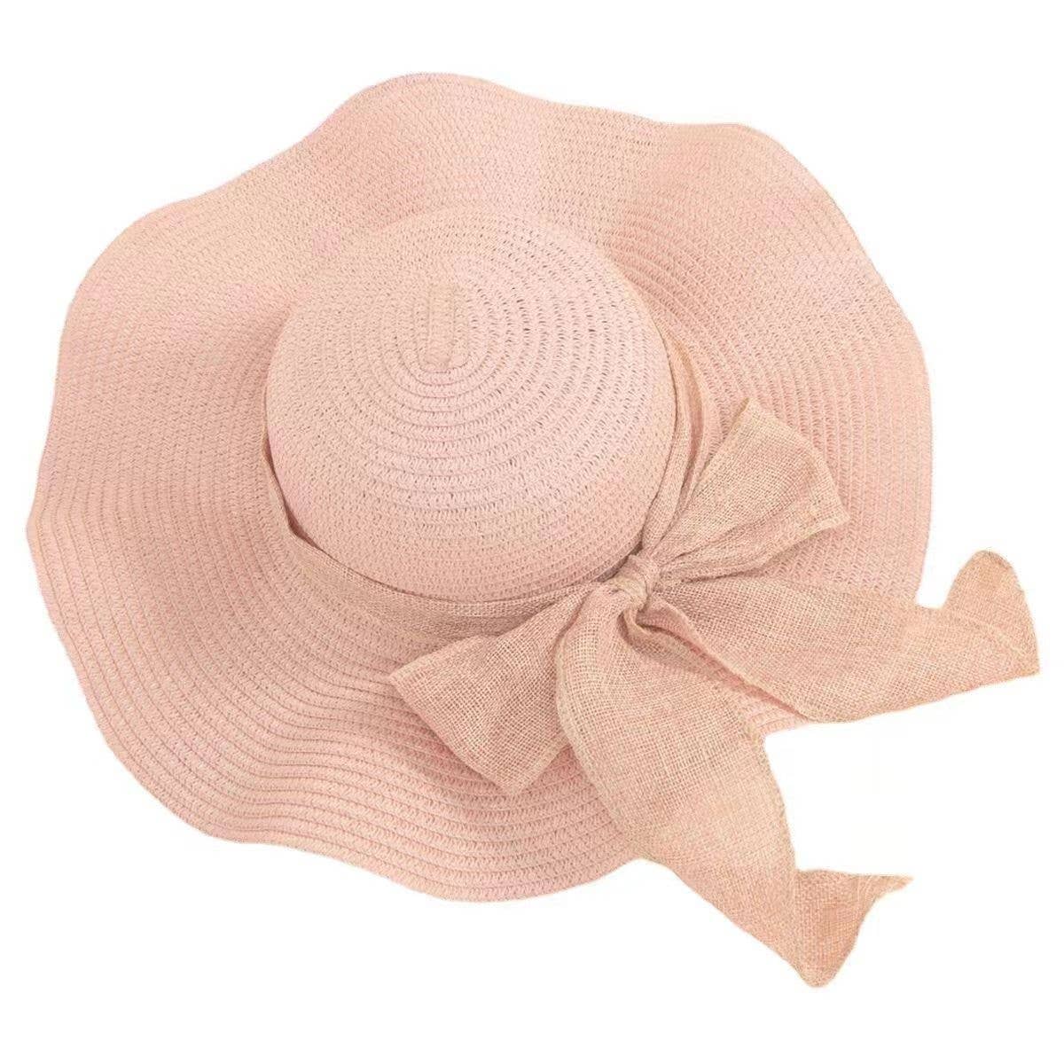 Summer Bow Ribbon Wide Brim Wave Straw Hat