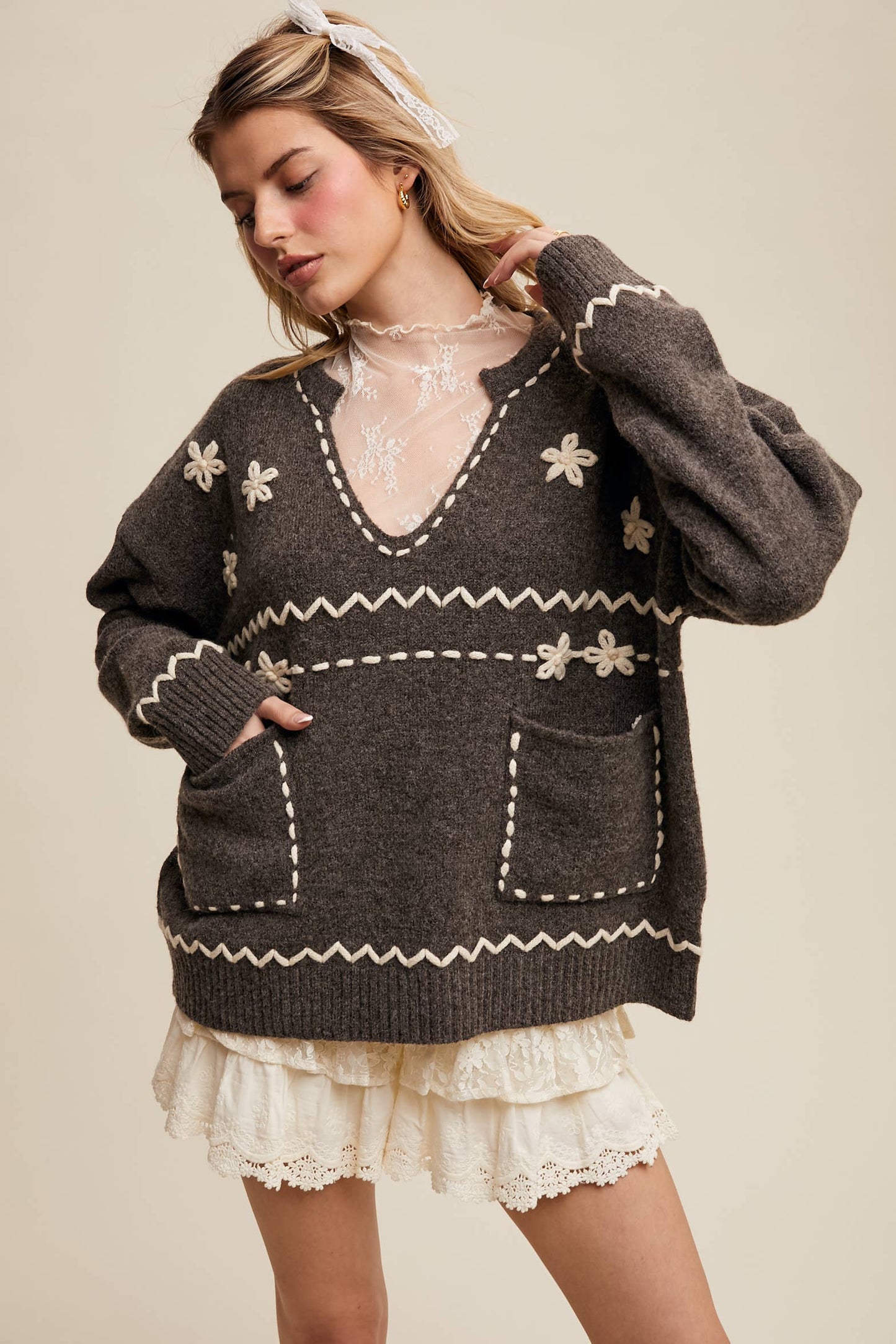 Floral Embroidered Knit Sweater LSW0978