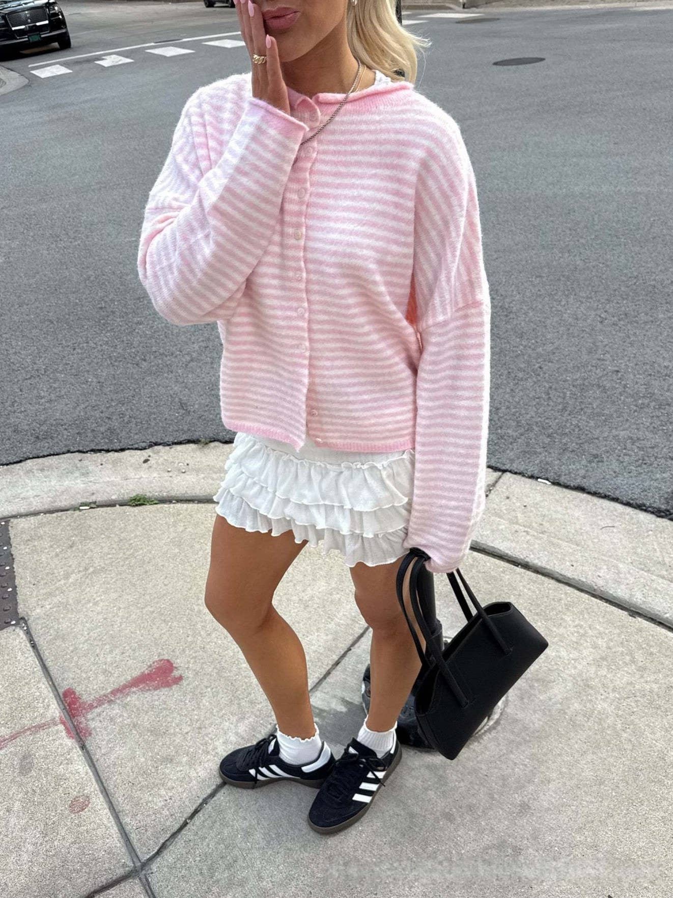 Lightweight Cozy roll neck cardigan in stripe