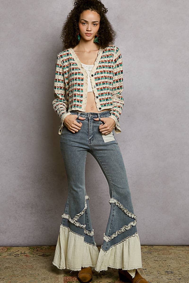 Scalloped Crochet V-Neck Long Sleeve Cardigan Top