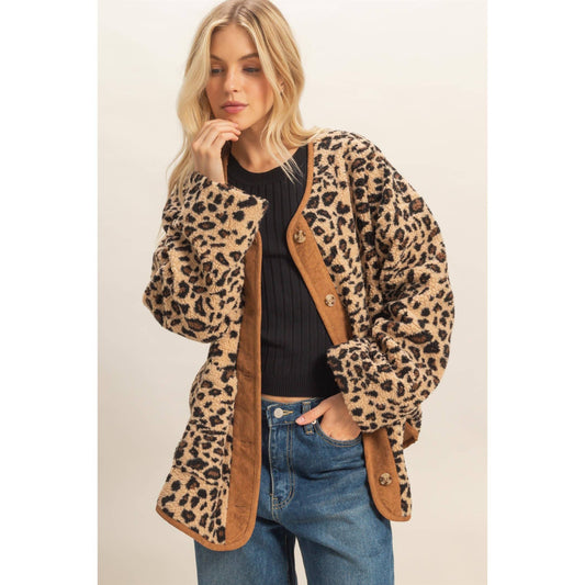 Button Front Leopard Sherpa Jacket